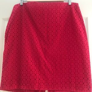 Red Embroidered Eyelet Pencil Skirt